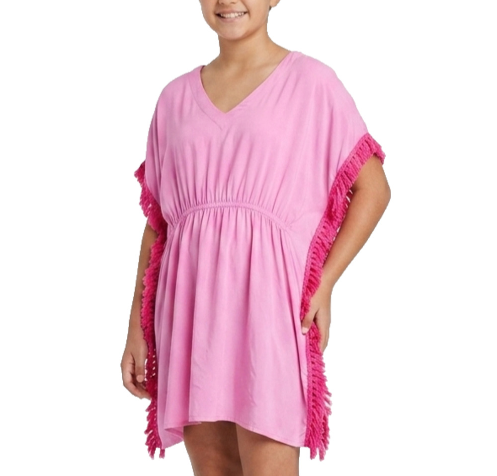Breaking Waves Girls 14 Pink Kimono Kaftan Swim Beach Cover Up Fringe Rayon NWT